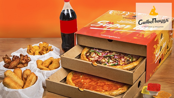 Супербокс на выбор с доставкой или всё меню и напитки для одного человека в ресторанах сети пиццерий «Сити Пицца» со скидкой 50%