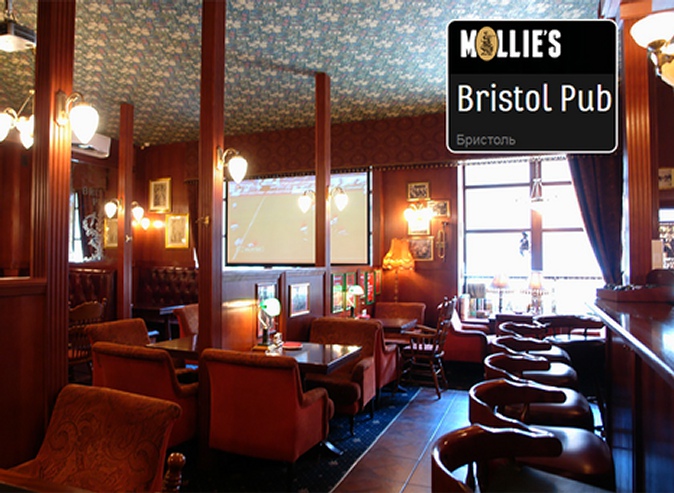 Все меню и напитки в английском пабе Bristol Pub сети рестопабов Mollie’s: стейк из говяжьей вырезки, свиные ребра с соусом барбекю, говядина в перечном соусе и не только